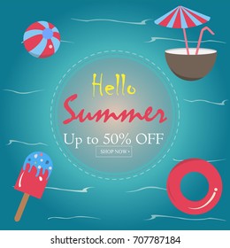 Summer Vector Illustration. Up to 50% Off. Summer sale banner vector illustration, Pool toys, red rubber ring, ice cream, coconut drink with umbrella, watermelon and ball floating in the sea.