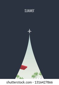 Summer vector illustration with airplane, jump board and palm trees. Symbol of relaxation, summer holiday, vacation adventures. Eps10 vector illustration.