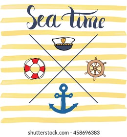 Summer Vector Illustration, Anchor, Navy objects and Lettering