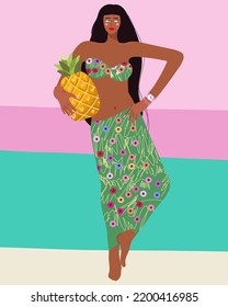 Ilustración vectorial de verano para el fondo del verano, chica con ropa de playa, albaricoque, vibraciones de verano, ánimo de vacaciones, fiesta de verano, chica sexy.
