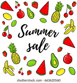 Summer vector illustration background. Hand drawn fashion patches tropical fruits: lemon, avocado, pineapple, banana, watermelon on seamless pattern. Pop art patche, pin, badge 80s style