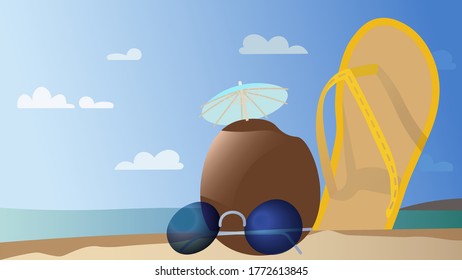 summer vector illustration background print view beach coconut chill blue glasses umbrella coctail the sea clouds on the sky yellow shoes