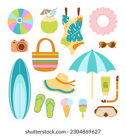 summer vector illustration with beach accessories in flat style, cartoon sea resort vacation clothes sunglasses, swimsuit, umbrella, scuba mask, surfboard isolated on white background