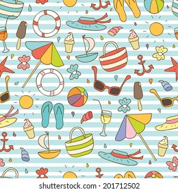 Summer vector illustration. Beach elements on striped background. Ideal for: scrapbooking, wrapping paper, children's textiles, wallpaper, websites, blogs, cards and much more