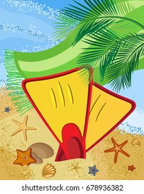 Summer vector illustration. Beach with fins stuck in the sand, a developing towel and palm leaves