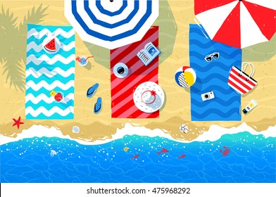 Summer vector illustration of beach mats, parasols and seaside accessories on sand background and sea surf.