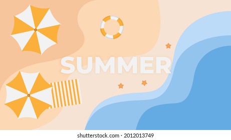 summer vector illustration. Summer beach, summer time, holidays, umbrella, starfish, sand, vacation to the beach. top of view. flat design style