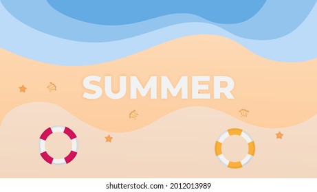 summer vector illustration. Summer beach, summer time, holidays, umbrella, starfish, sand, vacation to the beach. top of view. flat design style