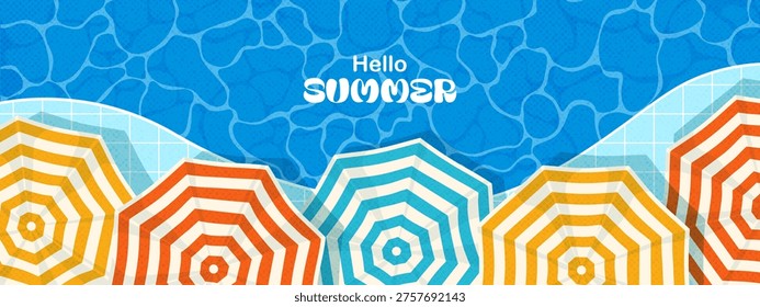 Summer vector illustration. Beach vacation concept. Pool with water, colorful stripped umbrellas. Retro style.