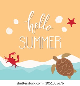 Summer vector illustration of Beach with waves, shells, starfish, crab, turtle and Lettering Hello Summer. Top view. Holiday background. Positive phrase.