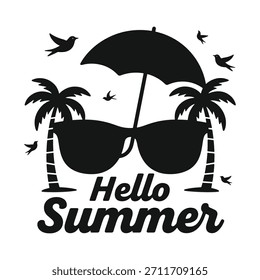 Ilustración vectorial de verano | Palmeras blancas y negras, gafas de sol, paraguas, pájaros con Hola Verano Texto