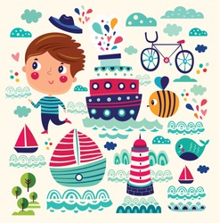 Summer Vector Illustration With Boy, Ships, Bee, Bicycle, Lighthouse, Whale
