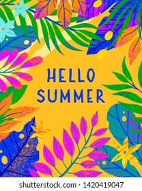 Summer vector illustration with bright tropical leaves,flowers and elements.Multicolor plants with hand drawn texture.Exotic background perfect for prints,flyers,banners,invitations,social media.