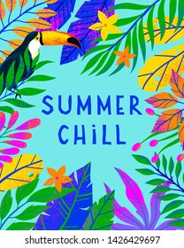 Summer vector illustration with bright tropical leaves,flowers and toucan.Multicolor plants with hand drawn texture.Exotic background perfect for prints,flyers,banners,invitations,social media.