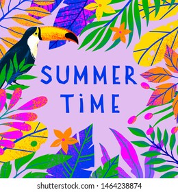Summer vector illustration with bright tropical leaves,flowers and toucan.Multicolor plants with hand drawn texture.Exotic background perfect for prints,flyers,banners,invitations,social media.