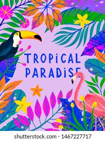 Summer vector illustration with bright tropical leaves,flamingo and toucan.Multicolor plants with hand drawn texture.Exotic background perfect for prints,flyers,banners,invitations,social media.