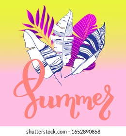 Summer vector illustration with bright tropical leaves and elements. Hand drawn multicolor plants and lettering Exotic background perfect for prints,flyers,banners,invitations,social media.