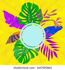 Ilustración vectorial de verano con hojas y elementos tropicales brillantes. Plantas multicolores dibujadas a mano. Fondo exótico perfecto para impresiones, volantes, pancartas, invitaciones, medios sociales.