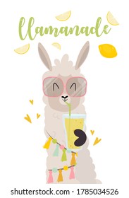 Summer vector illustration and card design with llama drinking a cocktail or lemonade. 