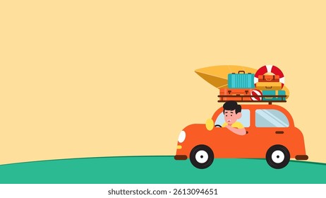 Summer vector illustration with character concept driving a car. Suitable for travel, vacation, summer and family adventure themes.
