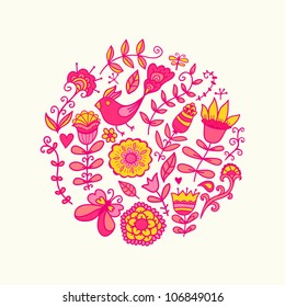 Summer vector illustration of circle made with flowers and birds. Round shape made of butterflies, leaves and different flowers. Summer background. Bright summer outlines made from flowers.