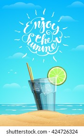 Summer vector illustration. Cold cocktail with lime on the horizon. Enjoy the summer.