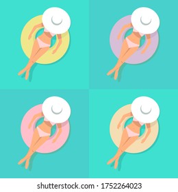 Summer vector illustration, collage of a woman floating on the rubber ring, repeating background