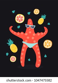 Summer vector illustration of cool and strong starfish character in swimming briefs showing his muscles surrounded by healthy food. Healthy lifestyle concept. Banner for the beach season and summer
