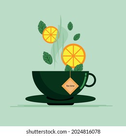 Ilustración vectorial de verano taza de té. Ilustración linda taza de té con limón y menta. Té vibe.