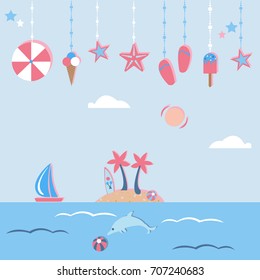 Summer Vector Illustration. Cute Summer background with hanging icons.  Holiday Collection.