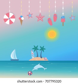 Summer Vector Illustration. Cute Summer background with hanging icons. Holiday Collection.