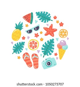 Summer vector illustration with cute colorful icons. Set of pictures for summer events and sea vacations. Ice-cream, pineapple, orange, starfish, flip-flops, sunglasses, camera, watermelon