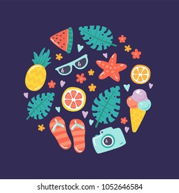 Summer vector illustration with cute colorful icons in circle. Set of pictures for summer events and sea vacations. Ice-cream, pineapple, orange, starfish, flip-flops, sunglasses, camera, watermelon