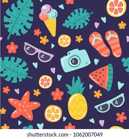 Summer vector illustration with cute colorful icons. Set of pictures for summer events and sea vacations. Ice-cream, pineapple, orange, starfish, flip-flops, sunglasses, camera, watermelon