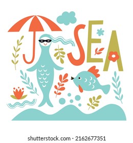 Summer vector illustration. Cute fish, mermaid, plants