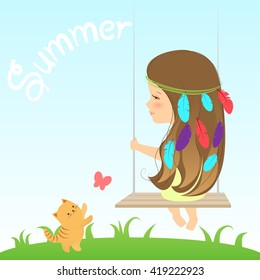 Summer vector illustration of cute girl sitting on swings and cat playing with butterfly. Cartoon flat style. Friends fun summer holiday activity, leisure.