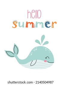 summer vector illustration with cute whale in cartoon style, kids design for cards, poster, nursery clothing, simple scandinavian style