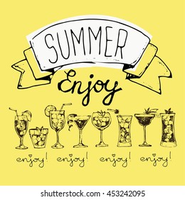 Summer vector illustration with different cocktails.