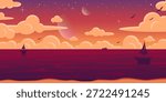 Summer vector illustration of a dreamy ocean sunset with sailing boats, clouds, stars, and moons. Warm gradient coloured wallpaper with the evening beach.