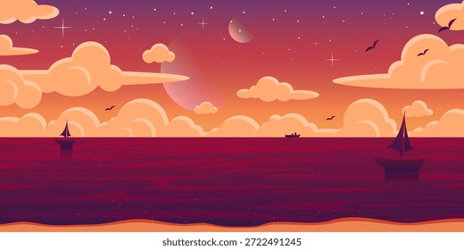 Vetor de verão ilustração de um pôr do sol do oceano com veleiros, nuvens, estrelas e luas. Papel de parede colorido gradiente quente com a praia à noite.