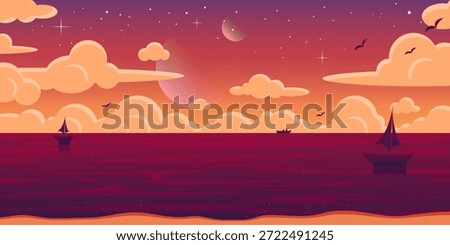 Summer vector illustration of a dreamy ocean sunset with sailing boats, clouds, stars, and moons. Warm gradient coloured wallpaper with the evening beach.