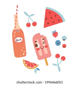 Summer vector illustration with drink, cute ice cream, and berries isolated on a white background.