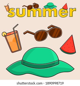 Summer vector illustration elements: glasses, juice, watermelon, hat,