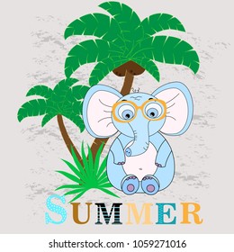 Summer vector illustration of an elephant with a palm tree. Design of a greeting card. Children's T-shirt design