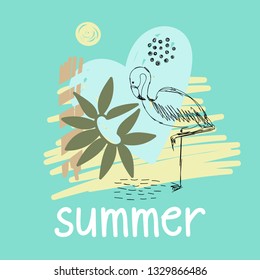 Summer vector illustration with flamingo and abstract elements.