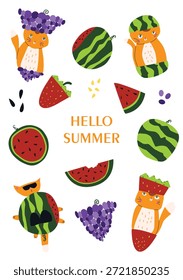 Ilustración vectorial de verano con gatos de jengibre, rodajas de sandía, fresas y uvas. Diseño para carteles infantiles, tarjetas de felicitación, estampados de temporada, decoración de la guardería y fiesta de verano