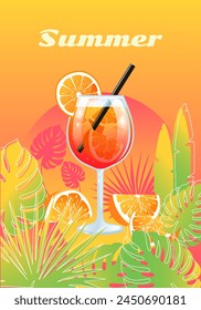 Summer vector illustration with glass of orange drink and tropical leaves on colorful gradient background for card, banner, poster