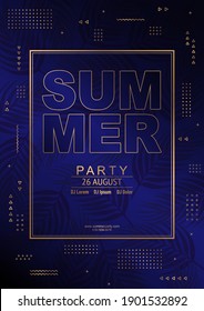Ilustración vectorial de verano con un patrón de formas geométricas de oro sobre fondo azul oscuro. Diseño para banner, papel pintado, volante, invitación a fiesta, cartel, descuento de cupones, folleto