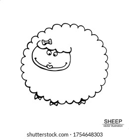 Summer vector illustration with hand drawn funny sheep.  Elements isolated on white background.