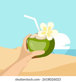 summer vector illustration hand holding coconut